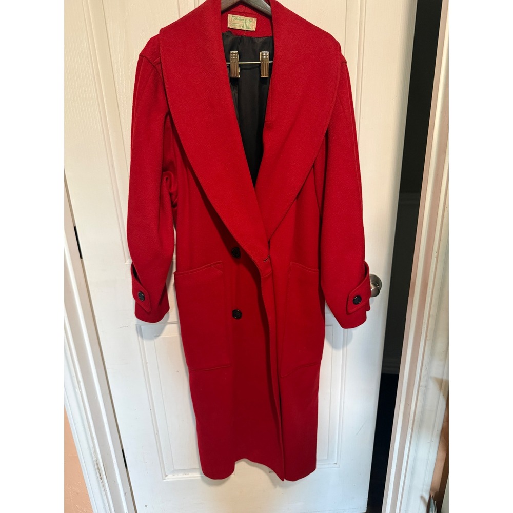 Vintage Fashions By Jill Red Wool Long Coat Shawl Collar Double Breasted USA